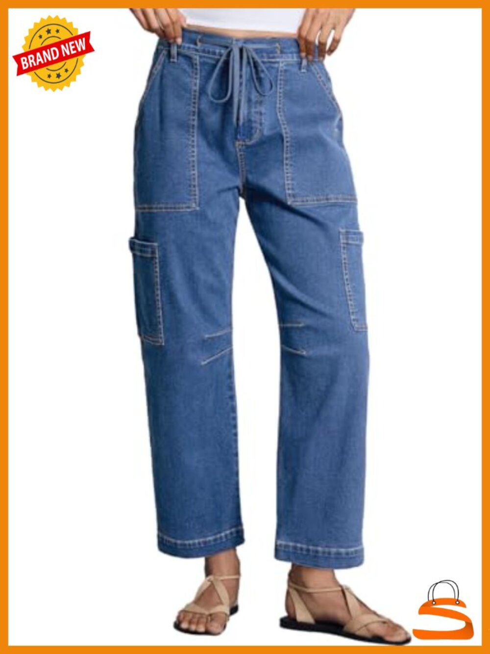 High Waisted Straight Wide Leg Cargo Denim Jeans with Pockets